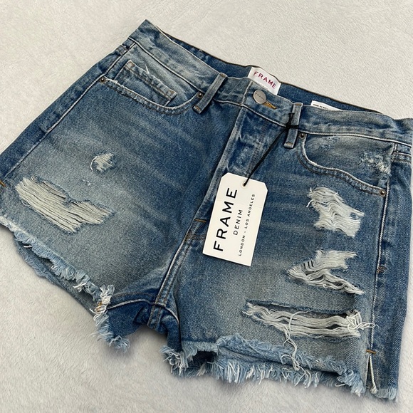 Frame Fly Button 29, 8 Distressed Troubadour 100% Cotton Denim Jean Shorts - Picture 1 of 15